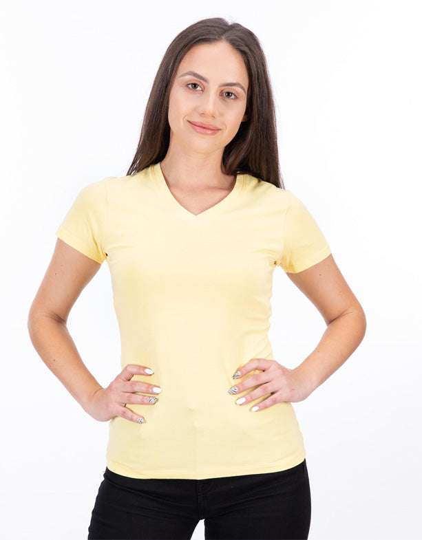 T-shirt donna in cotone con scollo a V popcorn switcher