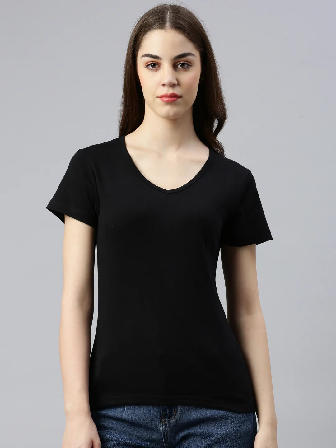 T-shirt donna in cotone con scollo a V in cotone noir front switcher