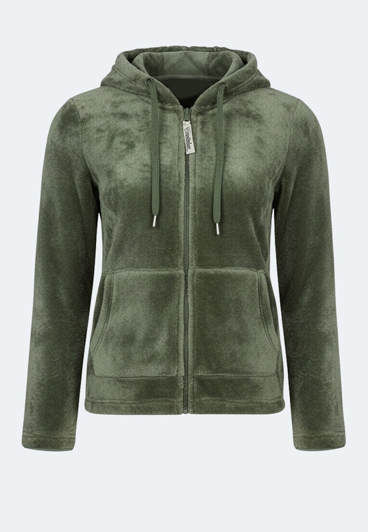 Felpa con cappuccio da donna in pile di poliestere riciclato al 100%.