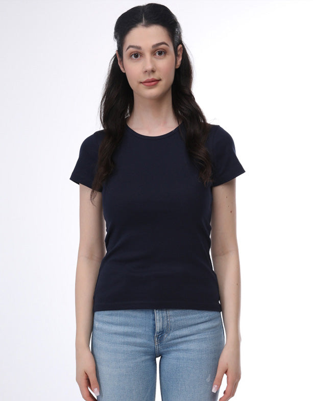 T-shirt a coste da donna in cotone organico blu navy