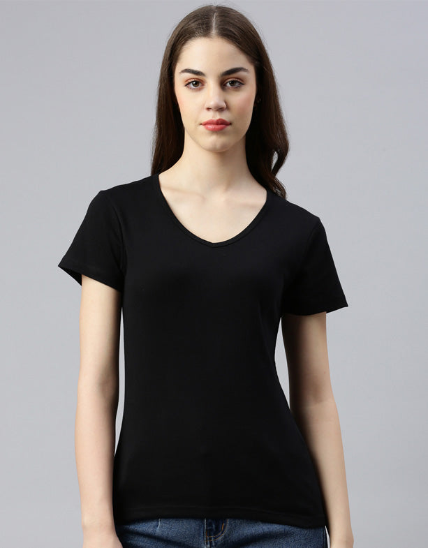 T-shirt donna a coste con scollo a V in cotone organico nero Switcher