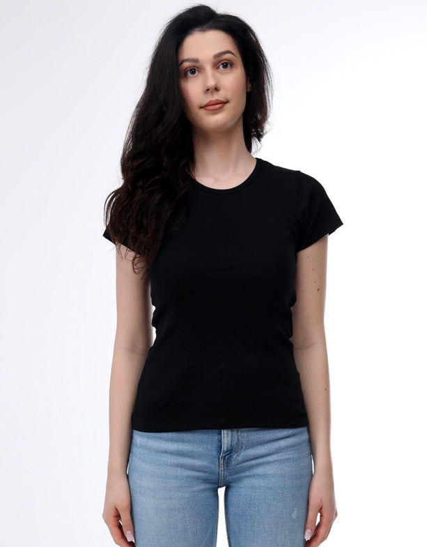 T-shirt a coste girocollo da donna in cotone organico nero