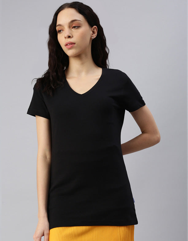 T-shirt donna con scollo a V di Switcher Balena nera in cotone e poliestere riciclato