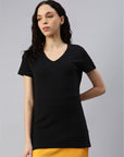 T-shirt donna con scollo a V di Switcher Balena nera in cotone e poliestere riciclato