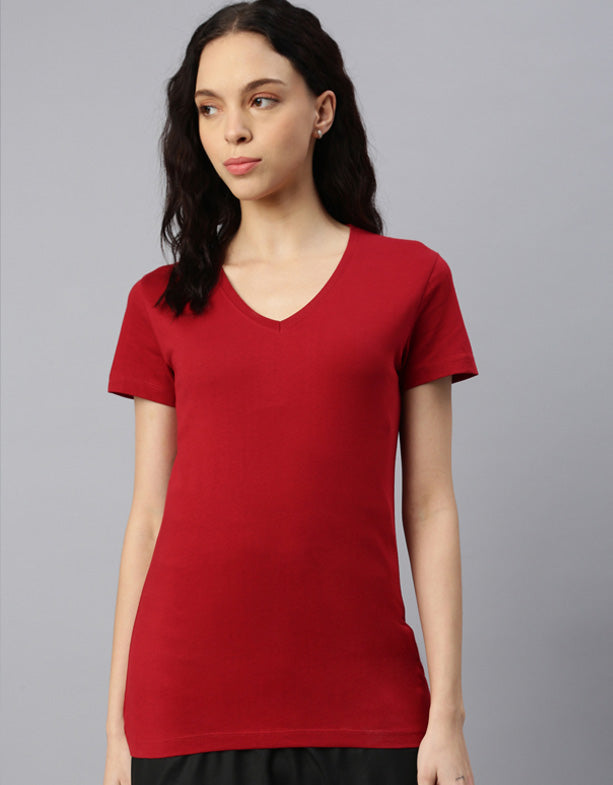 T-shirt rossa da donna con scollo a V, con cambio di balena